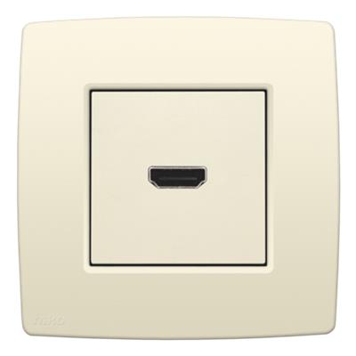 Niko HDMI udtag til stikmontage i cream farve, viser fronten med det sorte HDMI-stik og diskret Niko logo.