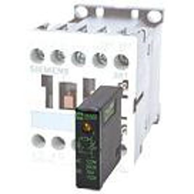 Siemens kontaktor lyddæmper S00-LG-0-240-S, med EMC-filter og diode, sat ved siden af en Siemens kontaktor på en hvid baggrund.