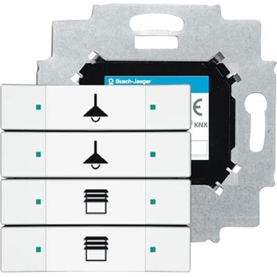 ABB KNX betjeningselement med fire hvide tryk, davos/studiehvid, med lampe- og jalusi symboler monteret i ramme.