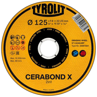 Tyrolit CERABOND X 2-i-1 skrubskive til stål og rustfrit stål, 125x4x22,23mm, med EAN-stregkode og sikkerhedssymboler på gul baggrund.