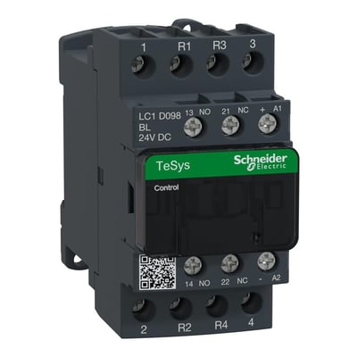 Schneider Electric TeSys D 9A kontaktor med 2P+2Pb konfiguration og 24V DC-spole, set fra siden på en hvid baggrund.