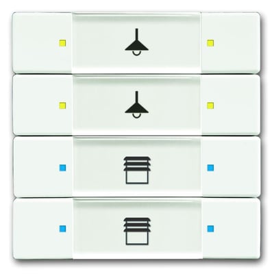 ABB KNX betjeningselement med 4 tryk, mat hvid, med ikoner for lys og persienner samt LED-indikatorer.