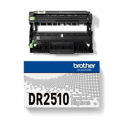 Brother DR2510-tromleenhed i sort med grønne detaljer vises sammen med originalemballagen.