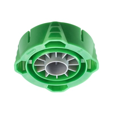 Grøn NEOPERL Clinic Snap STD-perlator med M22/M24-gevind, set nedefra med hvid indmad og rund åbning.