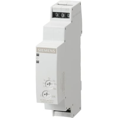 Siemens tidsrelæ 7PV1540-1AW30 i hvidt plast med skrueterminaler og justerbare drejeknapper for tidsindstilling på hvid baggrund.