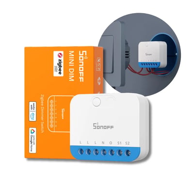 Sonoff MINI-ZBDIM Zigbee-lysdæmper til indbygning med hvidt modul, orange emballage og illustration af montering.