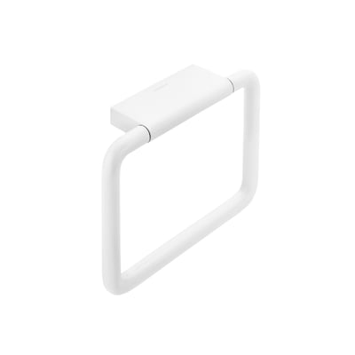 Cosmic håndklædeholder i mat hvid med et moderne firkantet design og et rundt ophæng til håndklæder.