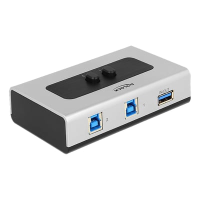 Delock manuel, bidirektionel USB 3.0-switch med to valgmuligheder, blå stik og sølvfarvet kabinet.