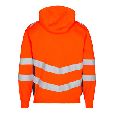 Engel trøje 8025-241 bagfra i stærk orange med blå detaljer på siden og reflekterende bånd på ærmer og ryg.