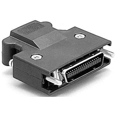 Mørkegrå BCD-I/O-datastik model 02ADB440 med 36 pins og to fastgørelsesskruer på en hvid baggrund.