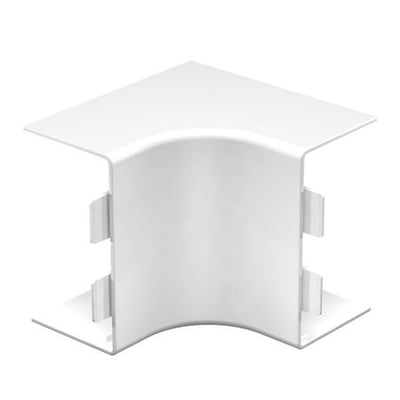 OBO Bettermann WDKH-I60110RW indvendigt hjørne set fra en let vinkel, viser 60x110 mm dimensioner og hvid, halogenfri plastkonstruktion.