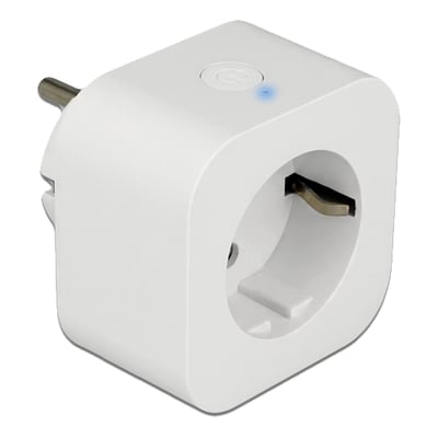 Hvid DeLock WLAN-stikkontakt med afbryder og MQTT, vist skråt forfra med stikben og blå indikator.