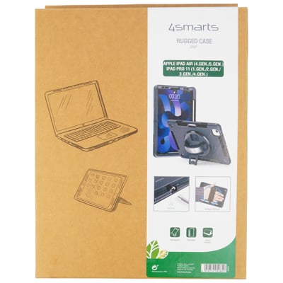 4smarts Rugged Case Grip cover til iPad Air og Pro 11", sort, vist på produktemballage med illustrationer.