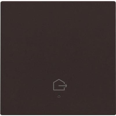 Niko tangent med 'forlad hjem' symbol og LED i mørkebrun, viser en stilren og moderne smart home-løsning.