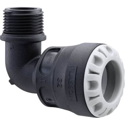 Push-in vinkel NP 25 x 3/4" i sort plast med hvidt spændehus og udvendigt gevind.