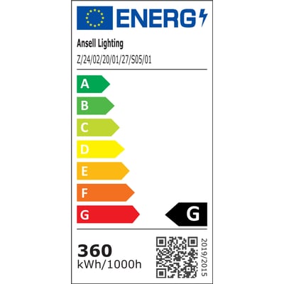 Energimærke for Ansell Lighting Z-Cell LED bånd, viser energiklasse G og 360 kWh/1000h.