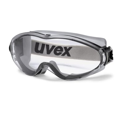 Uvex 9302.285 Ultrasonic helbrille i grå med klar linse og justerbar grå strop med Uvex logo.