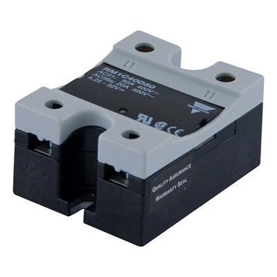 Carlo Gavazzi RM1C40D75 1-polet industrirelæ med grå overdel og sort hus, set skråt oppefra.