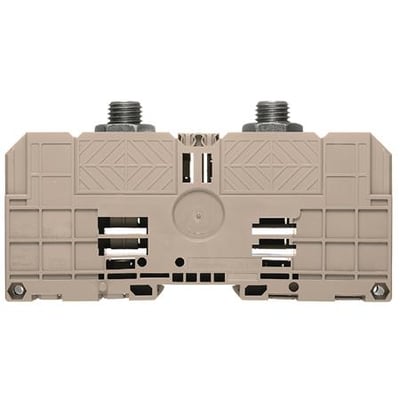 Weidmüller Kabelskoklemme WFF300 i beige, viser bolt klemme design og 2x M16 geving. Bredde 55 mm, dybde 163 mm.