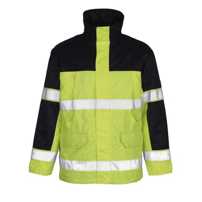 Mascot vinterjakke i hi-vis gul og mørkeblå med reflekser, str. 3XL, med to brystlommer og lynlåslukning.