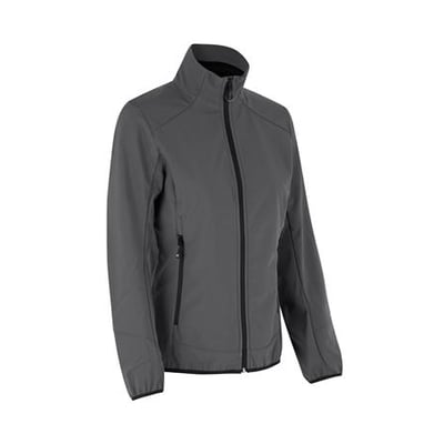 ID Identity softshell jakke til damer i silver grey, str. S, fremstillet i slidstærkt og strækbart ID Tech® materiale med høj hals og lynlås.