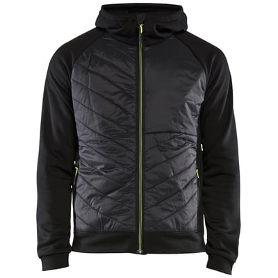 Blåkläder hybrid sweatshirt i sort med quiltet front og limegrøn lynlås, størrelse L.