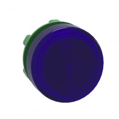 Schneider Electric ZB5 LED lampehoved i blå, 22mm diameter, med grøn base på hvid baggrund.
