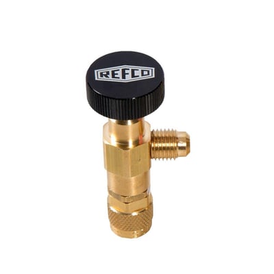 Refco serviceventil A-38010 med sort drejeknap og gyldne tilslutninger, til 1/4-tommers forbindelser og 60 bar.