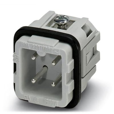 Kontaktindsats HC A03 I-UT-M fra Phoenix Contact, en han-indsats med 4 poler og D7 størrelse, set fra en let skrå vinkel.