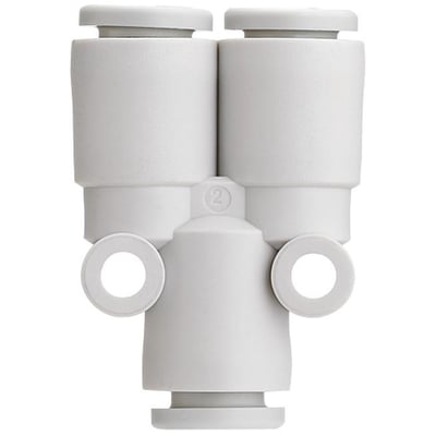Grå Y-connector med 6 mm diameter og PTFE-belægning, med et cirkulært mærke med tallet '2' i midten.