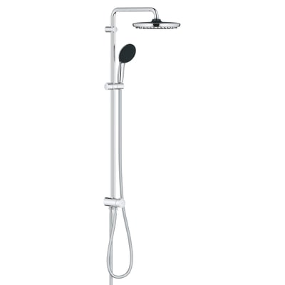 Grohe Vitalio START System 250 brusehovedsystem i krom med blank finish, rund hoved- og håndbruser samt 1500 mm slange på hvid baggrund.