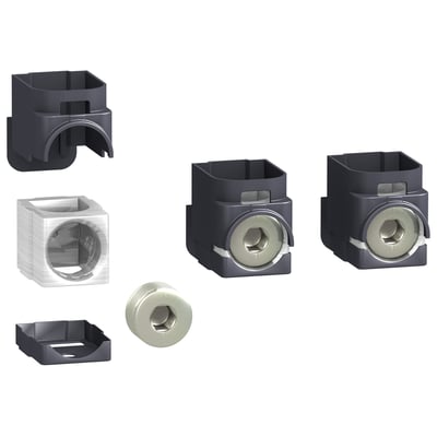 Komplet Schneider Electric klemmesæt til 25-95mm2 kabler, vist med alle dele, herunder plastikbeslag og metalterminaler.