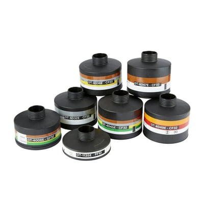 Forskellige 3M Pro2000 filtre, herunder CF32, CF22 og PF10 typer, vist samlet på en hvid baggrund.