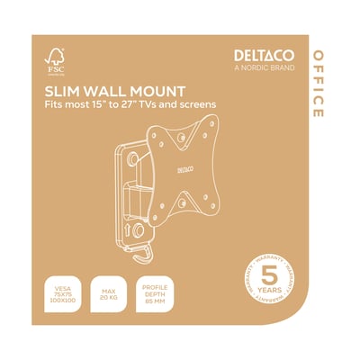Deltaco OFFICE Slim Full-Motion TV Wall Mount, vist på emballage med specifikationer som VESA, max vægt og profil dybde.