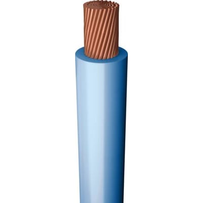 Lyseblå H07Z-K 1x4,0 mm² halogenfri monteringsledning med en synlig kobberleder og et tværsnit på 4 mm².