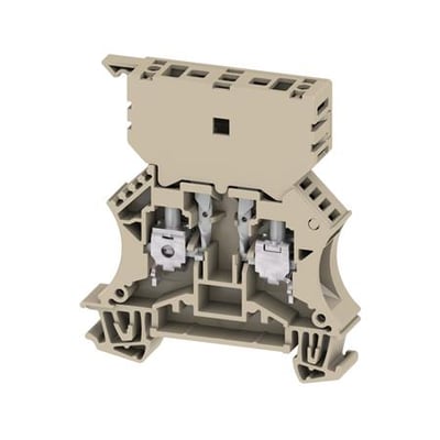 Beige Weidmüller sikringsklemme WSI 6/2 set skråt, med synlige metalterminaler og åbent indre.
