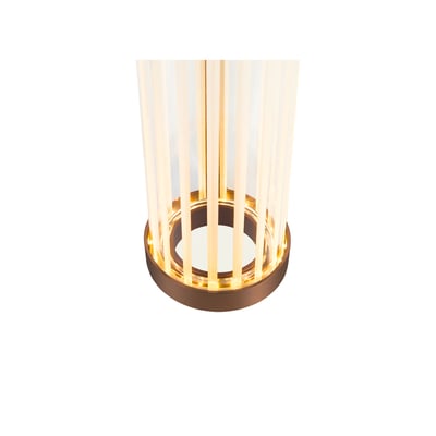 Detalje af SLV QUIMERA WL væglampens base i mat mørk kobber med lysstofrør og glascylinder.