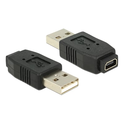 DeLock sort USB 2.0 adapter, der forbinder USB A han til mini USB B 5-pin hun for fleksible enhedstilslutninger.