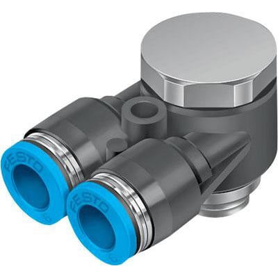 Festo Y-forskruning QSYLV-G1/8-6 med to push-in tilslutninger og udvendigt gevind, fremstillet i sort plast og metal.