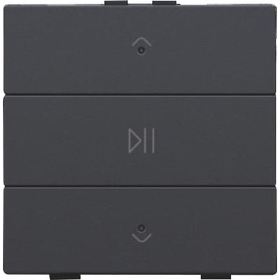 Niko audio tryk i antracit med LED-indikator og play/pause symbol. Viser tre knapper med pile op og ned samt et play/pause symbol.