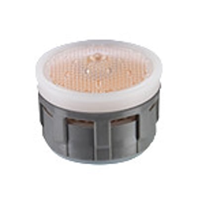 Undersiden af NEOPERL CASCADE PCA SLC luftblander indsats med grå plastkappe og detaljeret M24x1 gevind.