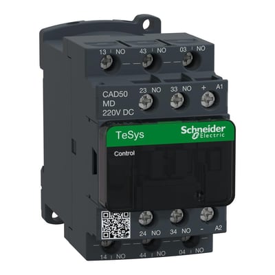 Schneider Electric TeSys D kontrolrelæ med 5NO kontakter og 220V DC spole, monteret på en mørkegrå base med tydelige mærkningsdetaljer.