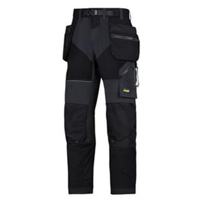 Bagfra billede af Snickers Workwear arbejdsbukser 6902 i sort, str. 160, med dialoglommer og Cordura forstærkninger på knæ og bagdel.