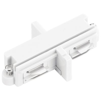 Detaljeret billede af det hvide samlestykke til SQUARE skinne, viser dets konstruktion og elektriske kontakter.