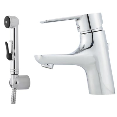 Mora Cera B5 håndvaskarmatur i blank krom med trækventil og sidebruser på hvid baggrund, vist fra siden.