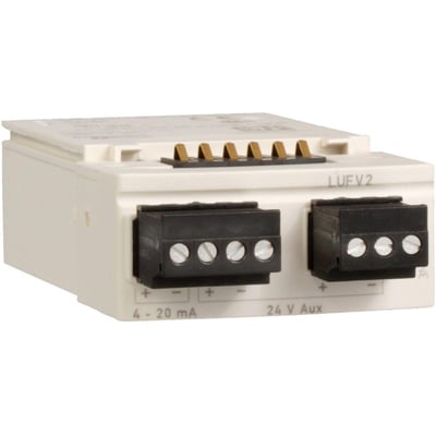 Schneider Electric TeSys LUFV2 motorbelastningsmodul i hvid, set fra siden, med tydelige terminalmarkeringer for '4-20 mA' og '24 V Aux'.