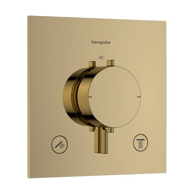 Hansgrohe Ecostat Comfort E termostatarmatur i poleret guld-optik med to grebsbetjening og 40°C symbol.