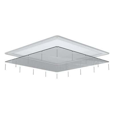 Ansell Lighting ARX anti-ligatur indbygningsramme til 600x600 panel, vist med beslag og skruer.