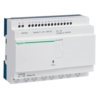 Schneider Electric Zelio intelligent relæ med 12 indgange og 8 udgange, 24VDC forsyning og integreret ur uden display.