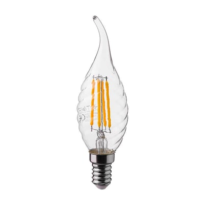 V-TAC E14 LED-flammepære på 4 W med klar, snoet kerteform og synlige kultrådsfilamenter.